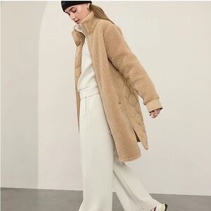 Athleta Hybrid Coat Teddy Sherpa Long Coat in Camel